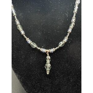 Vintage Style Blue Green Glass Beaded Necklace Silver Tone Drop Beads 17"